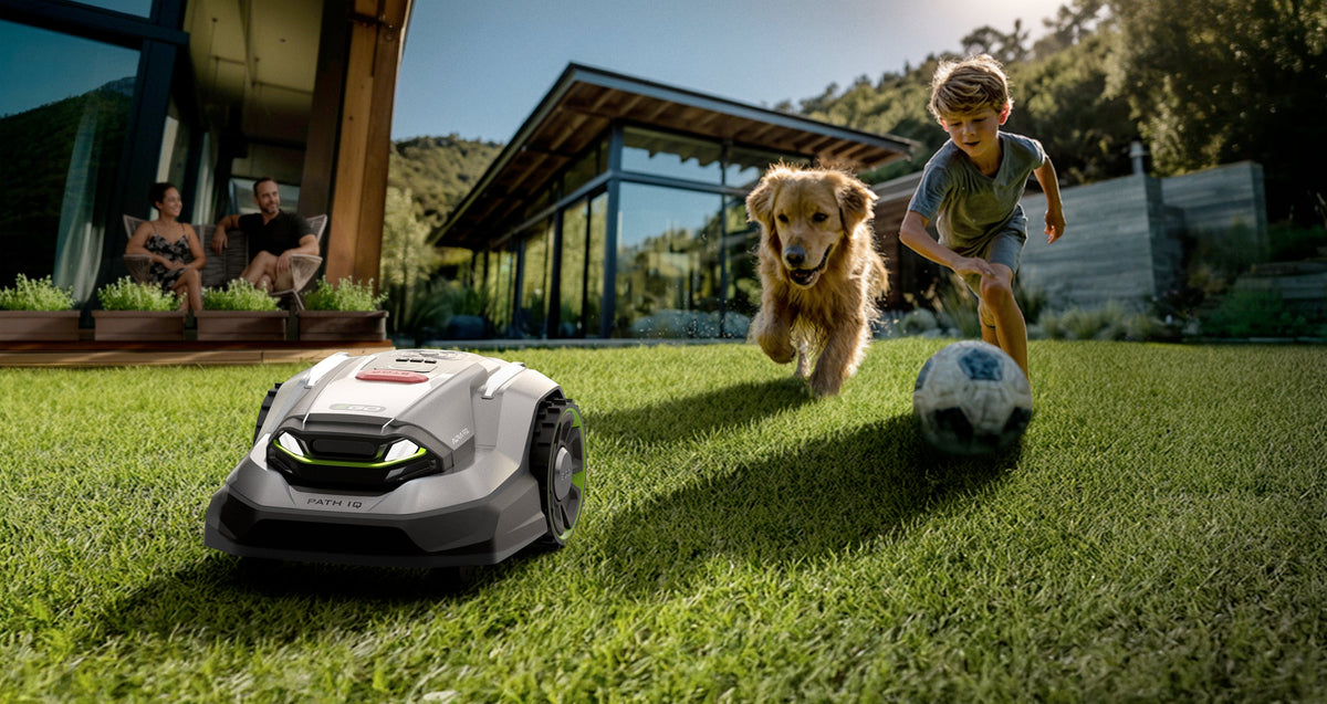 Robotic lawn mower on grass with a dog and child playing in the background