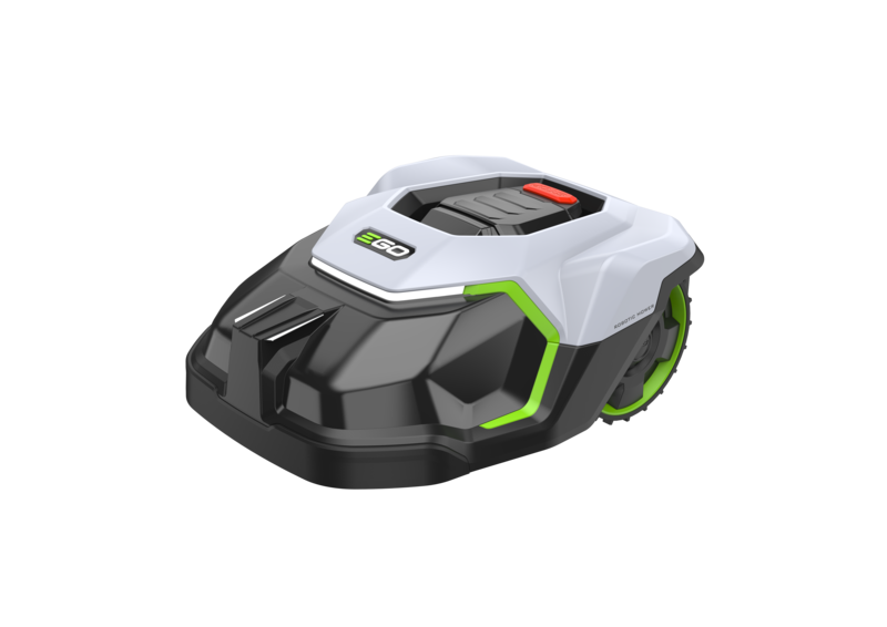 EGO RM400E robotic lawn mower with EGO branding on a white background